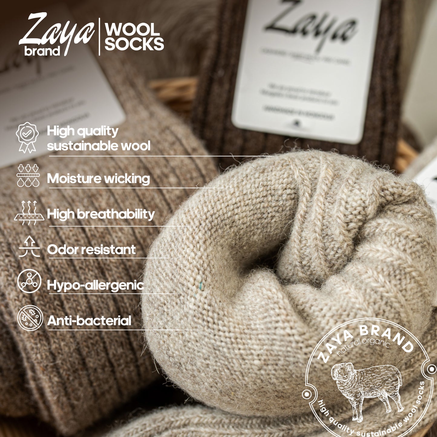 Organic Mongolian sheep wool socks / High quality pure fiber / Hypo-allergenic / Anti bacterial / Cozy warm / Unisex socks