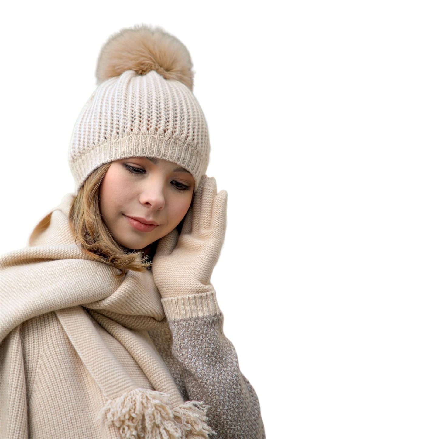 Cashmere HAT with Pom Pom / SCARF with Fringe / Soft Warm / Stylish / Sustainable Mongolian Cashmere / Made in Mongolia