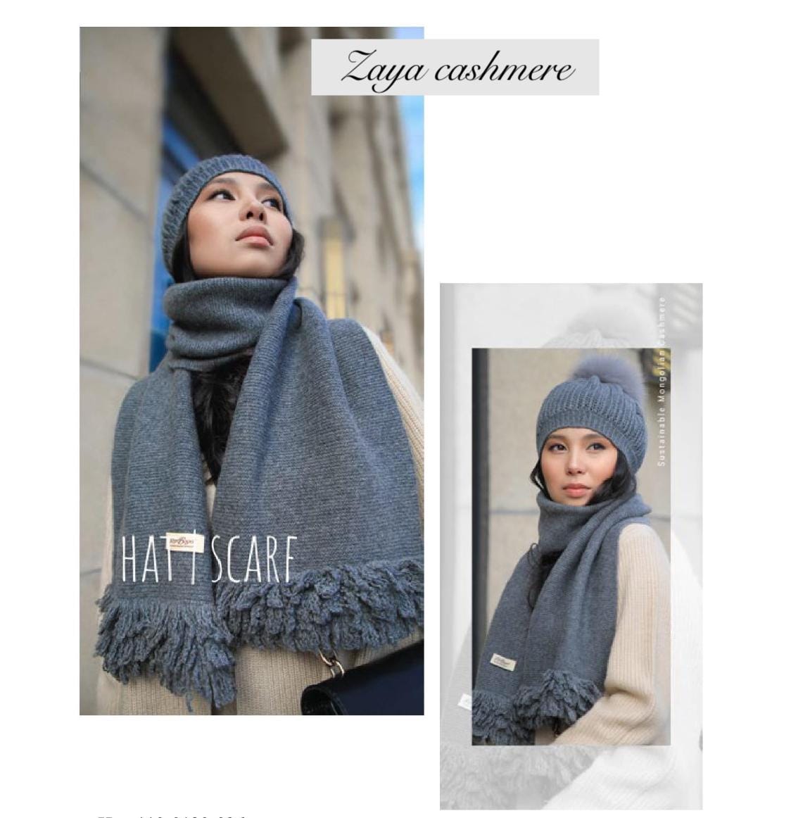 Cashmere HAT with Pom Pom / SCARF with Fringe / Soft Warm / Stylish / Sustainable Mongolian Cashmere / Made in Mongolia