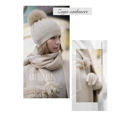 Cashmere HAT with Pom Pom / SCARF with Fringe / Soft Warm / Stylish / Sustainable Mongolian Cashmere / Made in Mongolia